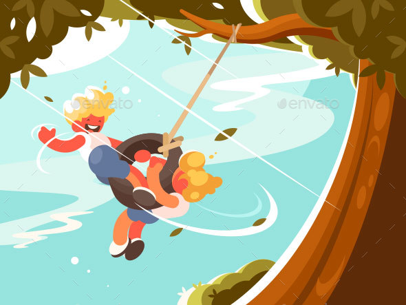 Children Swinging on Tire - People Characters