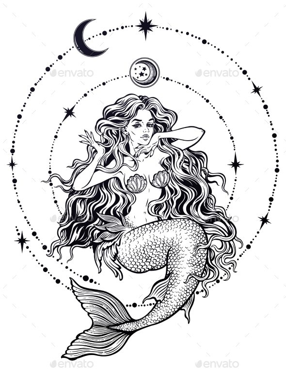 Mermaid Girl with Fairytale Hair with Stars and Moon - Miscellaneous Characters