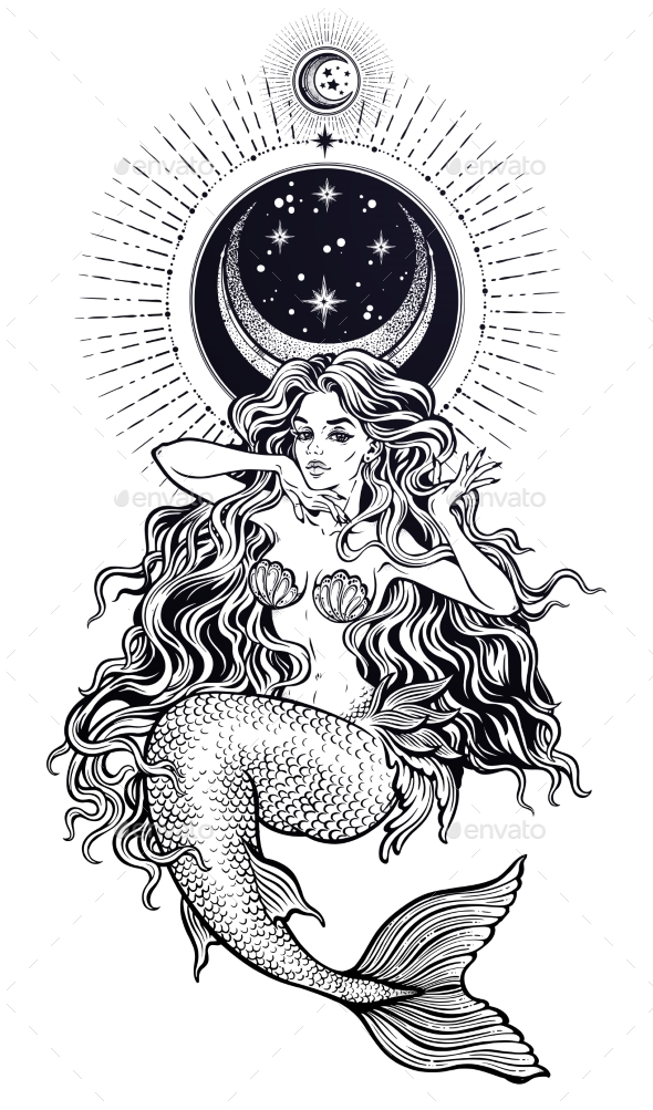 Mermaid Girl with Fairytale Hair with Stars and Moon - Miscellaneous Characters