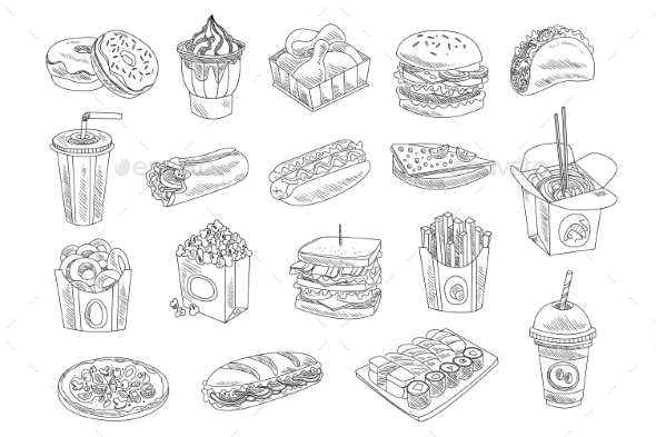 Fast Food and Drinks Sketch Set - Food Objects