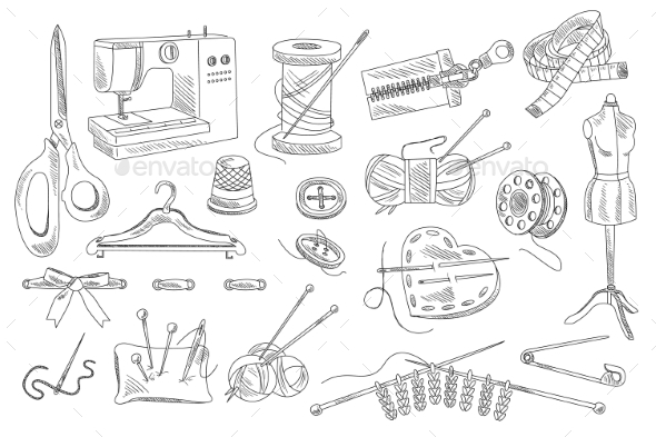 Vector Set of Hand Drawn Sewing and Knitting Icons - Man-made Objects Objects