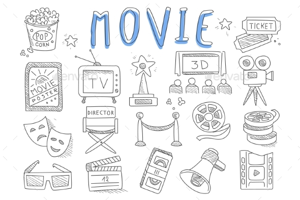 Vector Set of Doodle Icons Related To Cinema - Man-made Objects Objects