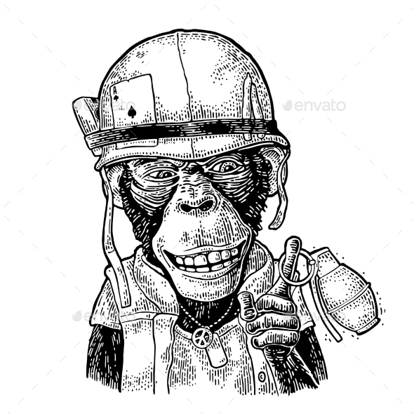 Monkey in Soldier Helmet Holding Grenade - Animals Characters