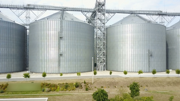 Aerial View. Plant for Storage and Processing of Grain. Metal Grain Elevator alt