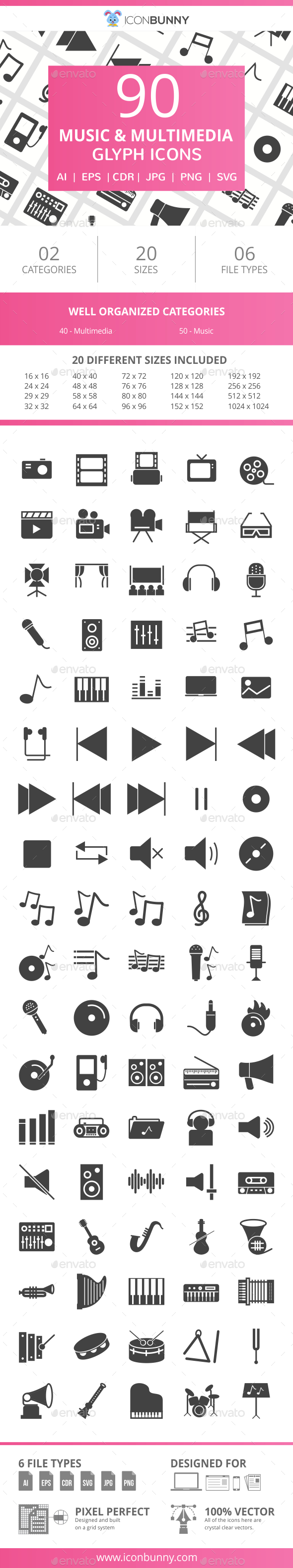 90 Music & Multimedia Glyph Icons - Icons
