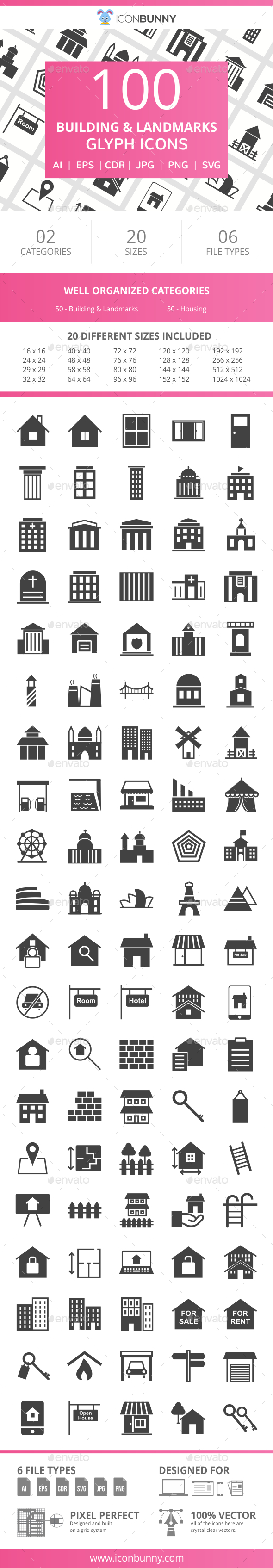 100 Building & Landmarks Glyph Icons - Icons