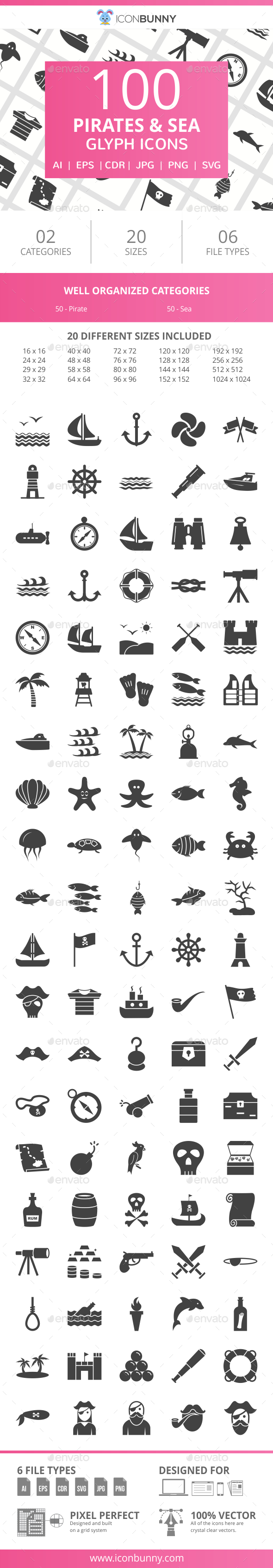 100 Pirate & Sea Glyph Icons - Icons
