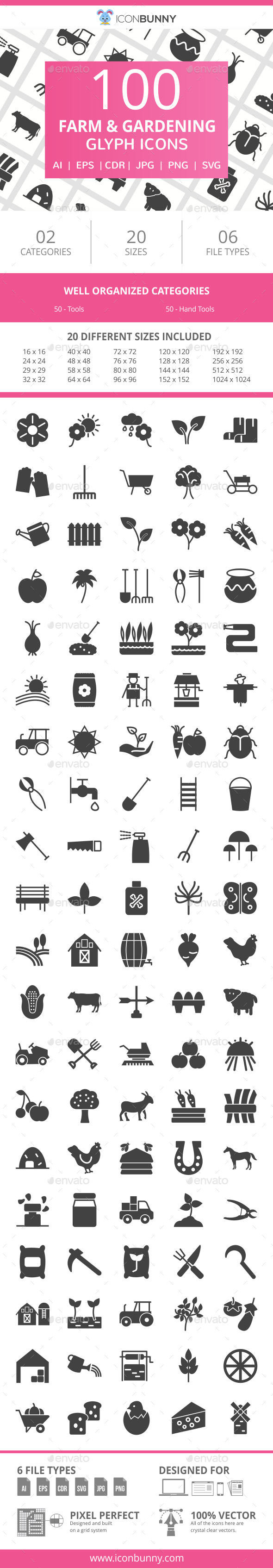 100 Farm & Gardening Glyph Icons - Icons