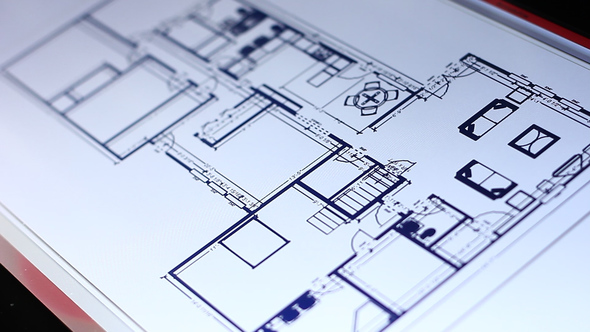 Architecture Blueprint Drawing On Touch Screen Computer