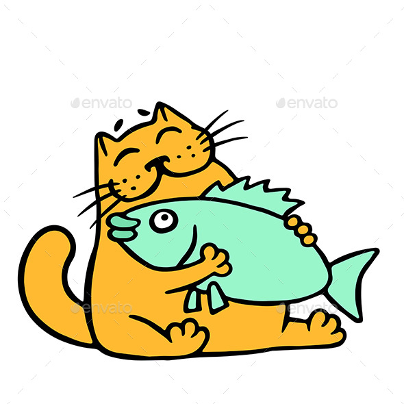 Orange Cat Hugging Big Fish - Animals Characters