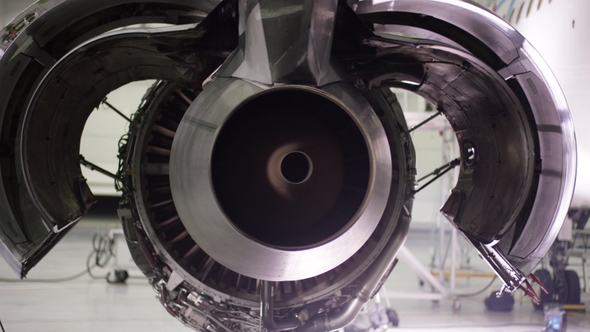 Engine of the Airplane Under Heavy Maintenance. Aircraft Maintenance, Dismantled Plane Engine alt