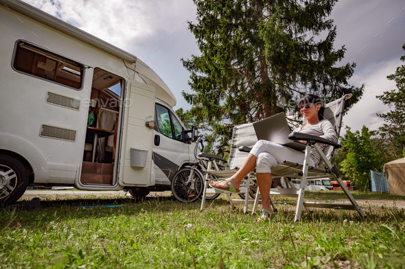 Family vacation travel, holiday trip in motorhome RV - Stock Photo - Images