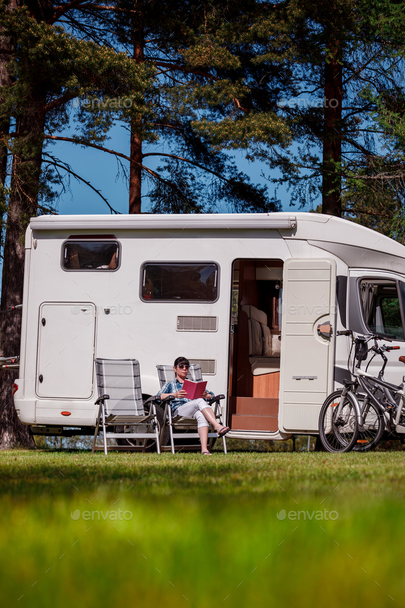 Family vacation travel, holiday trip in motorhome - Stock Photo - Images