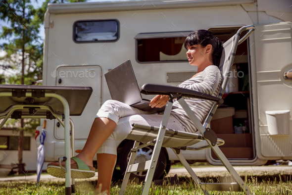 Family vacation travel, holiday trip in motorhome RV - Stock Photo - Images