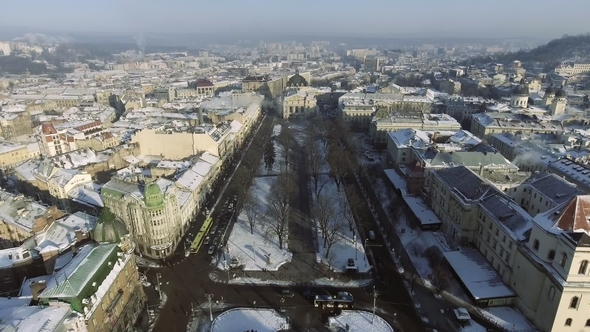 Aerial View of Lviv City Centre in Snow From Above in Winter. Lviv, Ukraine