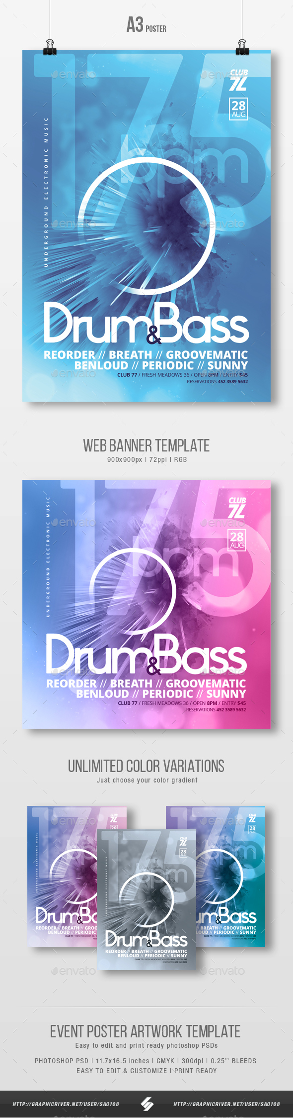 175 bpm - Drum and Bass Party Flyer / Poster Template A3 - Clubs & Parties Events