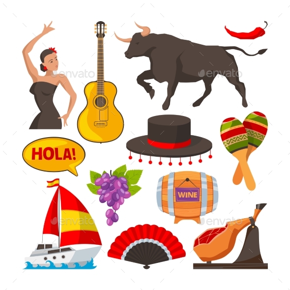 Travel Pictures of Spain Cultural Objects. Cartoon - Objects Vectors