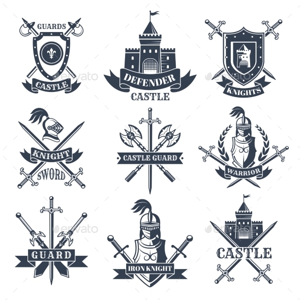 Labels or Badges Set with Medieval Pictures - Web Elements Vectors