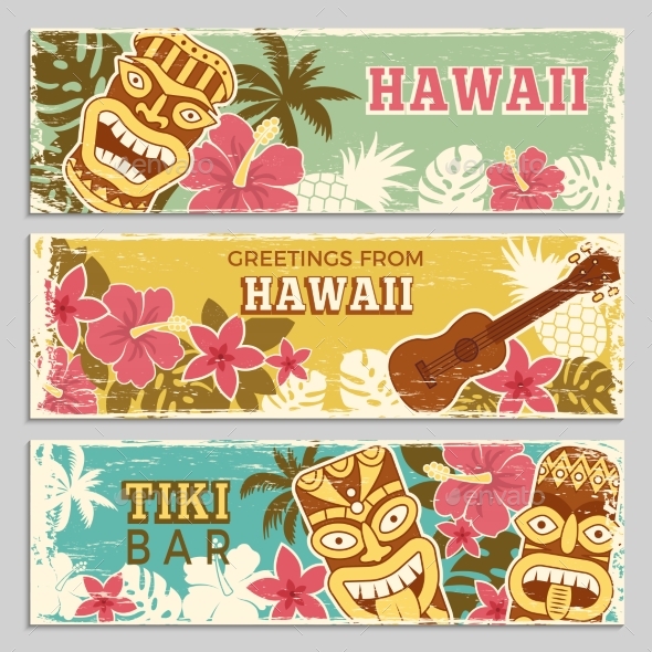 Horizontal Banners Set with Hawaii Illustrations - Backgrounds Decorative