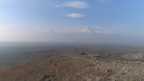 Aircraft Flying Above Wonderful Natural Peaceful Area Where Hike Man alt
