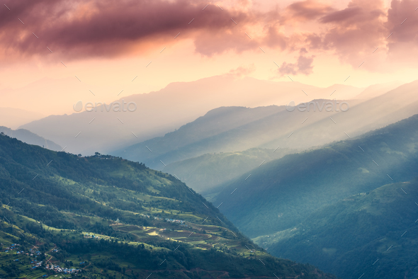 Beautiful hills with green meadows, forest, orange sky - Stock Photo - Images