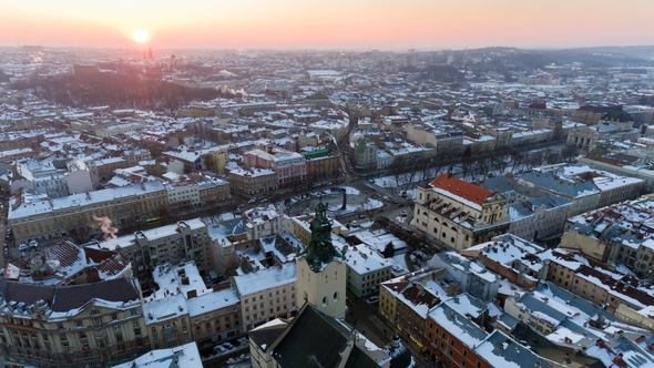 Aerial View of Lviv City Centre in Snow From Above in Winter Lviv, Ukraine