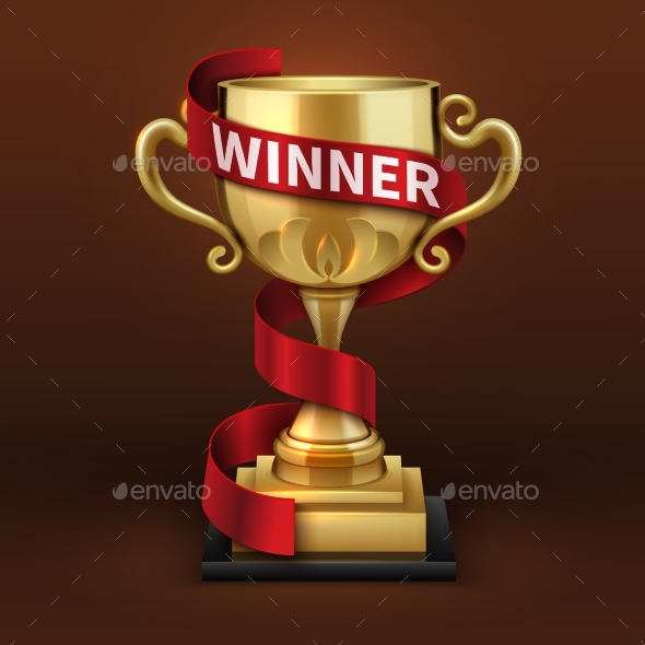 Champion Golden Trophy Cup with Red Winner Ribbon - Objects Vectors