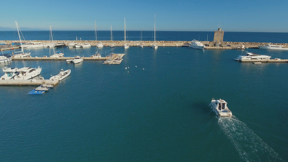 Drone Footage of Seaport with Sailing Boat, Yachts in Spain