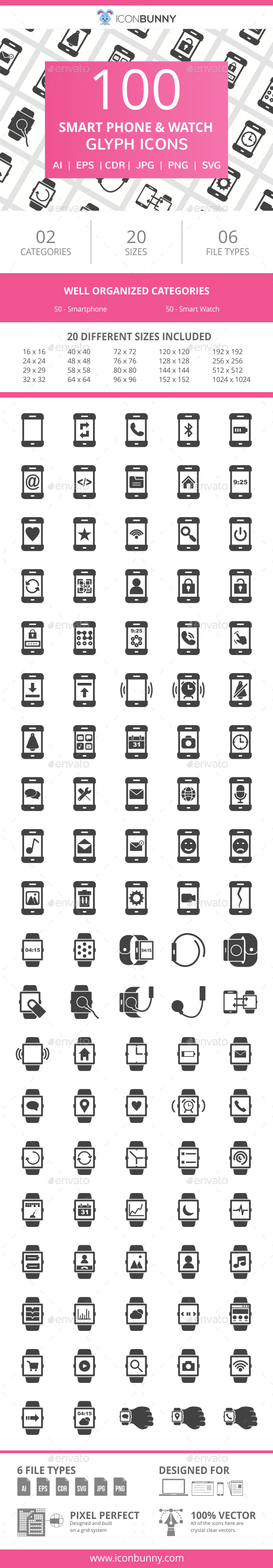 100 Smartphone & Smartwatch Glyph Icons - Icons