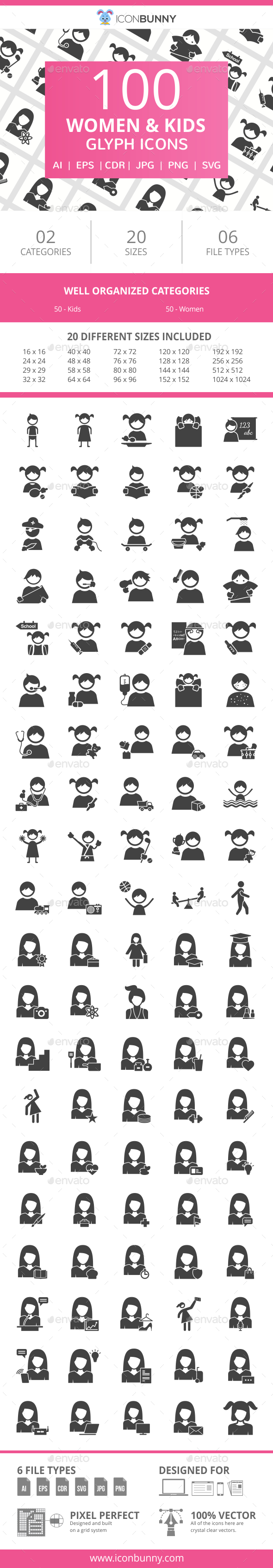 100 Women & Kids Glyph Icons - Icons