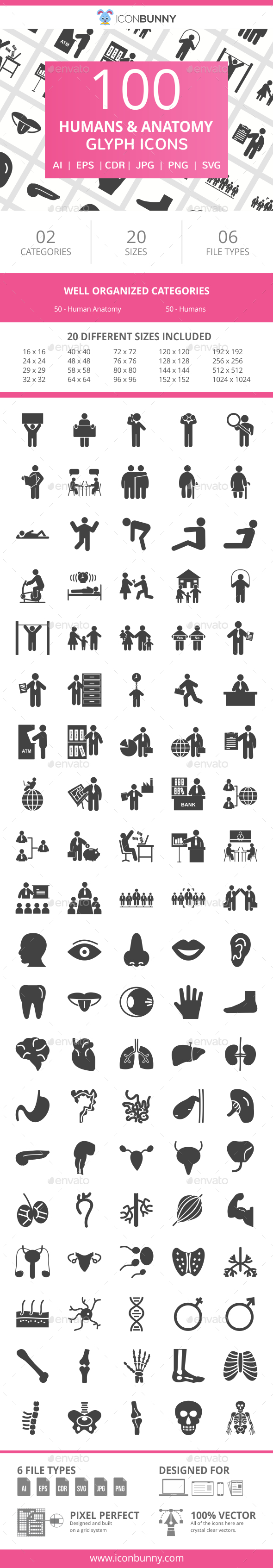 100 Humans & Anatomy Glyph Icons - Icons