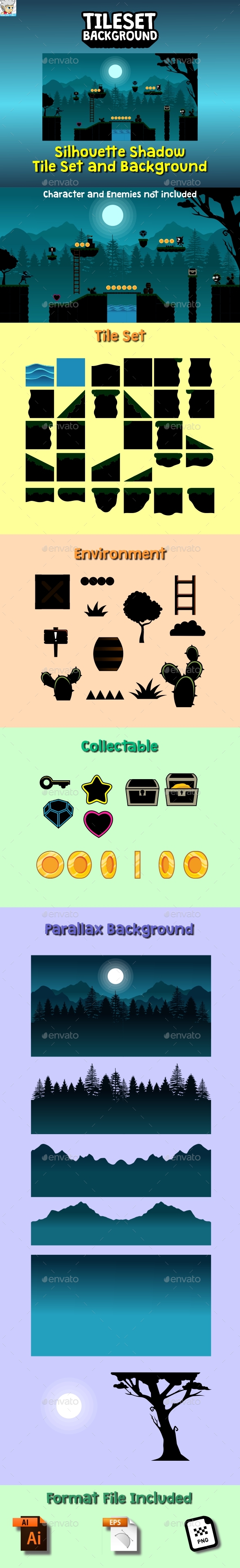 Silhouette Shadow Tileset and Background - Tilesets Game Assets