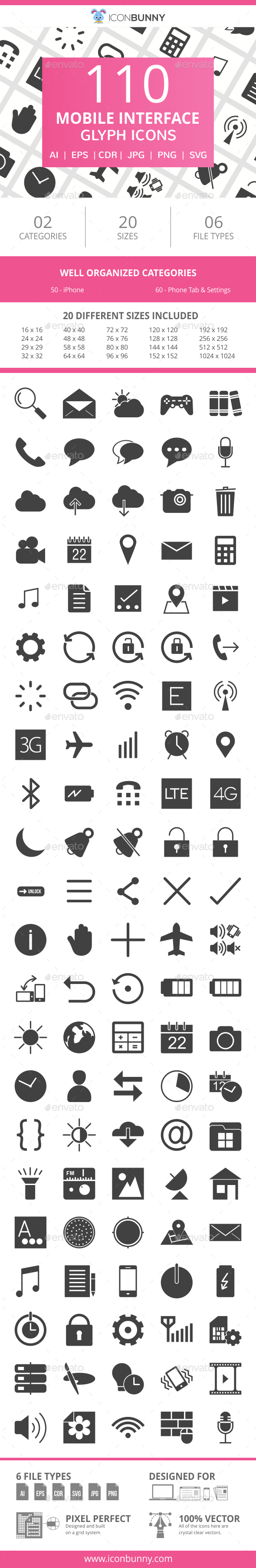 110 Mobile Interface Glyph Icons - Icons
