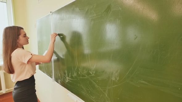 Girl Schoolgirl Writes on the Blackboard Mathematical Formulas alt