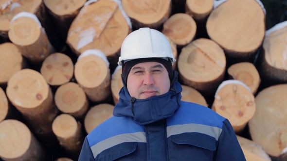 Worker Against Pile of Logs