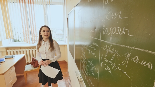 High School Student Answers at the Blackboard. School Theme. alt