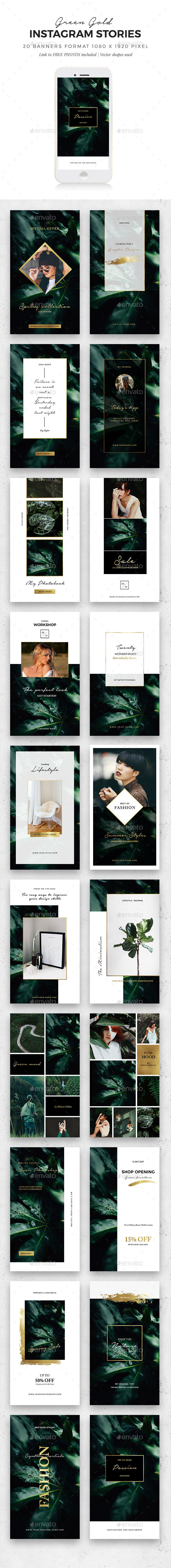 Instagram Stories Green/Gold - Social Media Web Elements