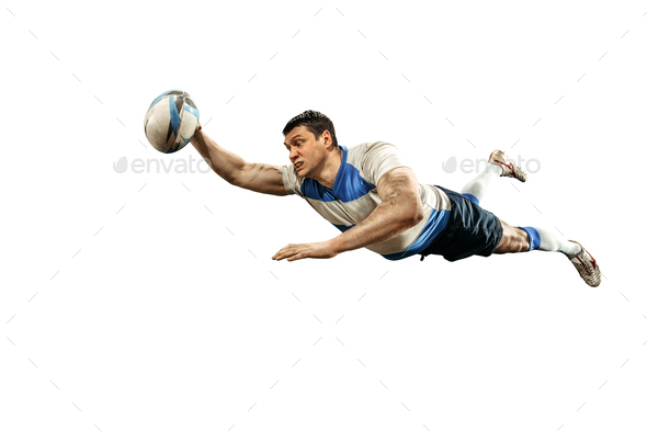 The silhouette of one caucasian rugby man player isolated on white background - Stock Photo - Images