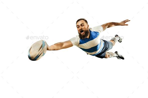 The silhouette of one caucasian rugby man player isolated on white background - Stock Photo - Images
