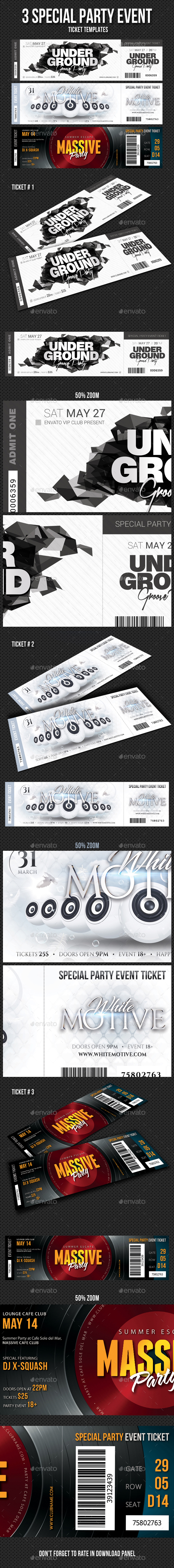 3 in 1 Special Party Event Ticket Bundle V05 - Cards & Invites Print Templates