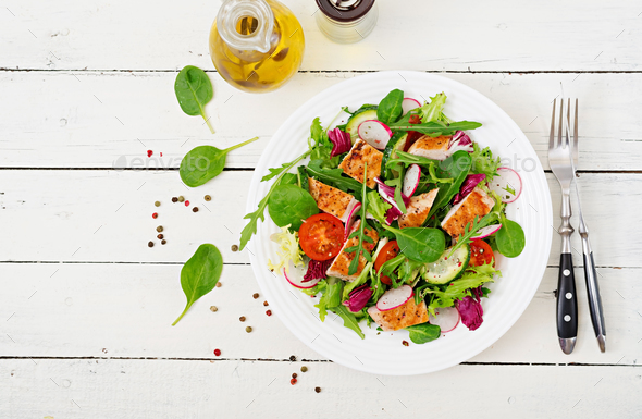 Fresh vegetable salad with grilled chicken breast - Stock Photo - Images