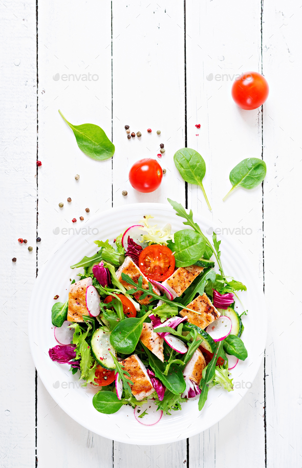 Fresh vegetable salad with grilled chicken breast - Stock Photo - Images