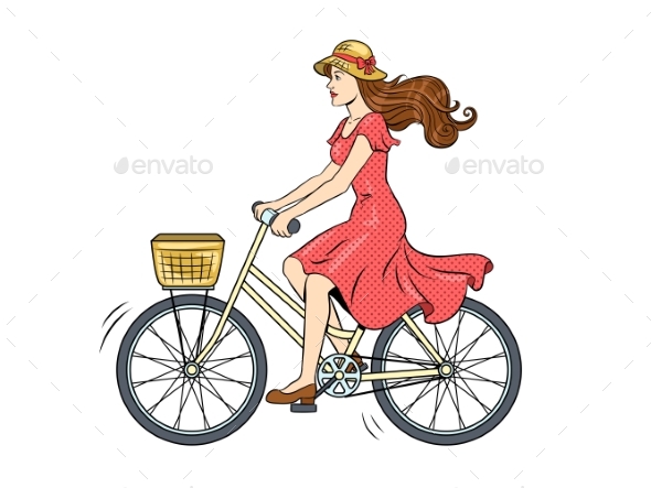 Young Woman Rides on Bicycle Pop Art Vector - People Characters