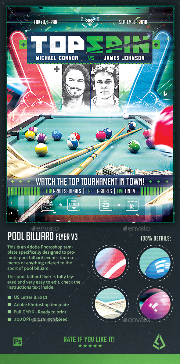 Pool Billiard Flyer - 8-Ball Pool Club Template - Sports Events