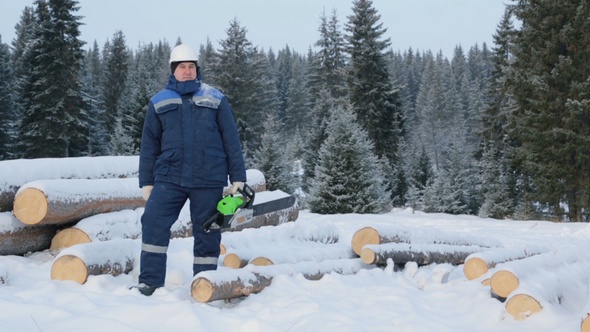 Worker With Chain Saw Near Pile of Logs in the Forest