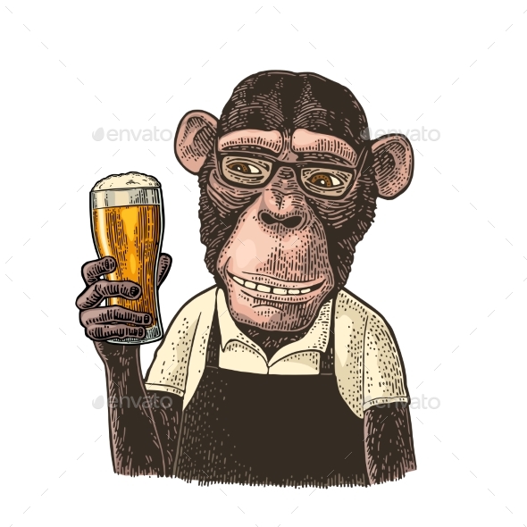 Monkeys Dressed in Apron Holding Glass of Beer - Animals Characters