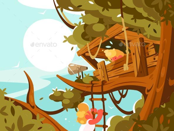 Wooden House on Green Tree - Miscellaneous Vectors