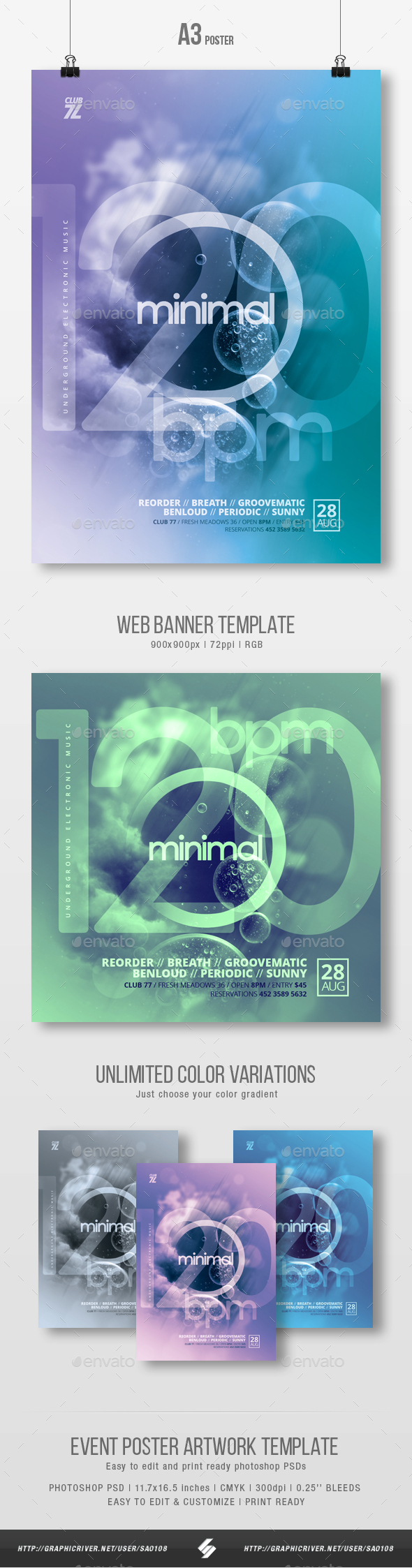 120 bpm - Minimal Party Flyer / Poster Template A3 - Clubs & Parties Events