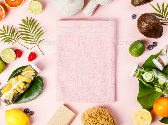 Detox fruit infused water, tropical fruits, leaves and SPA setti - Stock Photo - Images