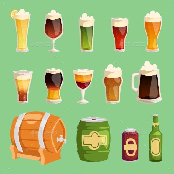 Beer Cartoon Vector Mug Cups and Glass Bottles - Food Objects